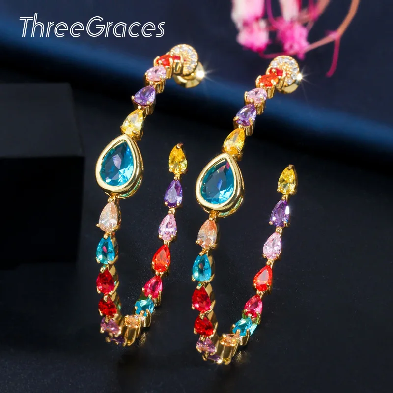 Женские серьги ThreeGraces большие круглые в форме капель воды с разноцветным