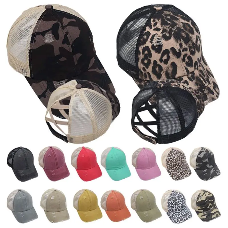 

Women Distressed Washed Mesh Back Baseball Cap Leopard Camo Print Hollow Criss Cross Band Ponytail Messy Bun Trucker Hat