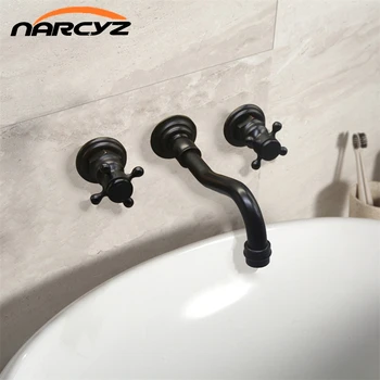 

Basin Faucets Wall Mounted Brass Bathroom Sink Basin Mixer Tap Faucet 3 Pcs Black Faucet Dual Handle Sink Mixer Taps XR8251