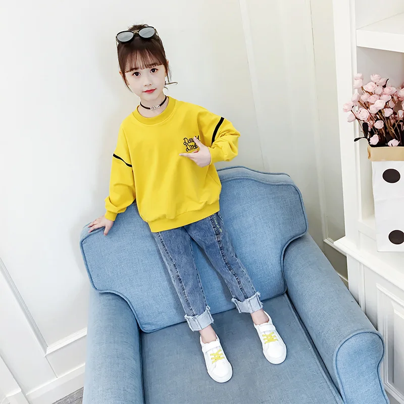 

Girl'S Suit Spring Clothing 2020 New Style Korean-style Western Style Spring And Autumn Big Boy Fashion Jeans Hoodie Two-Piece S