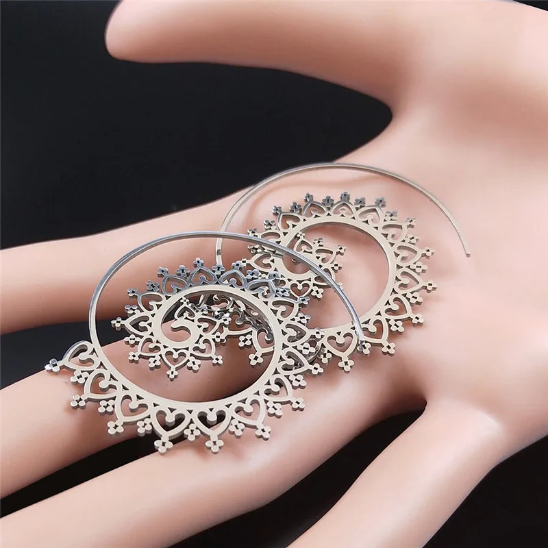 Indian Hoop Stainless Steel Mandala Openwork Flower Tribal Ethnic Earrings Bohemian Ornaments Earrings Women Jewelry E8954S01