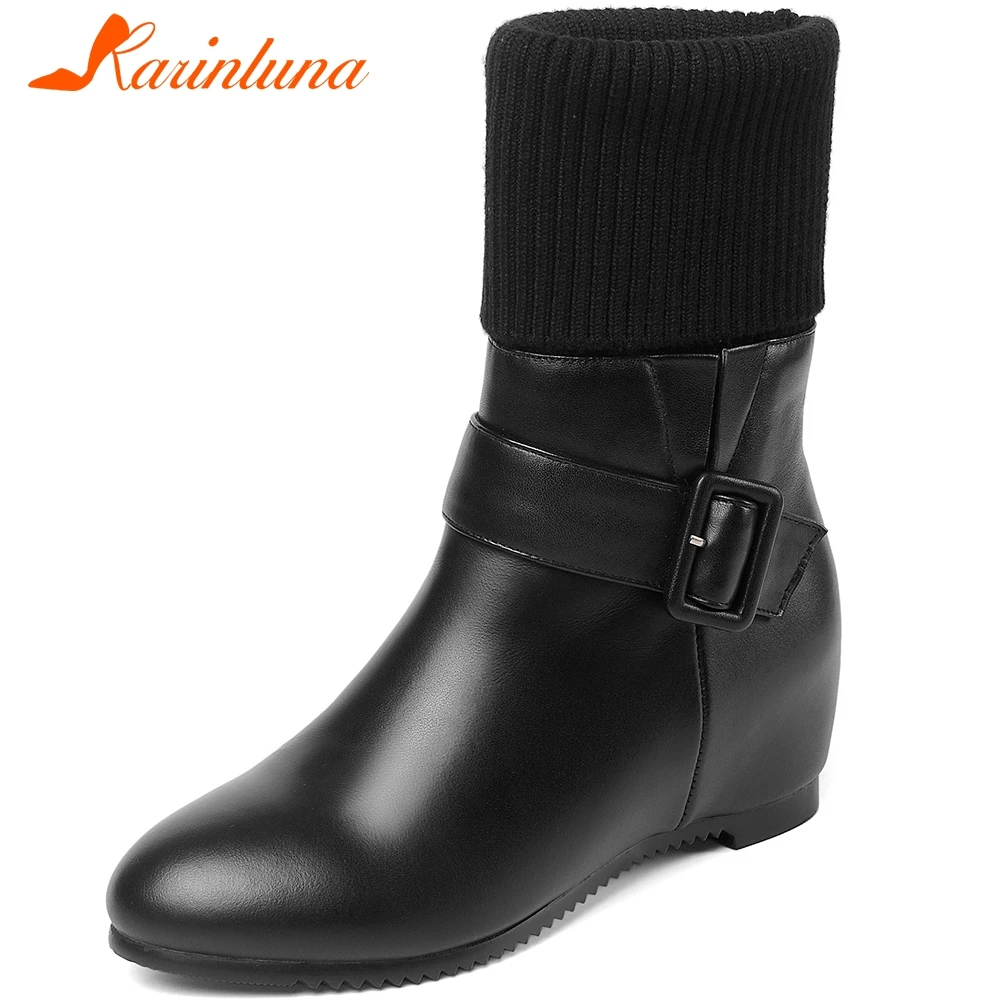 

KARINLUNA New 34-41 Elegant Ladies Height Increasing Sock Booties Genuine Leather OL Ankle Boots Women Belt Buckle Shoes Woman