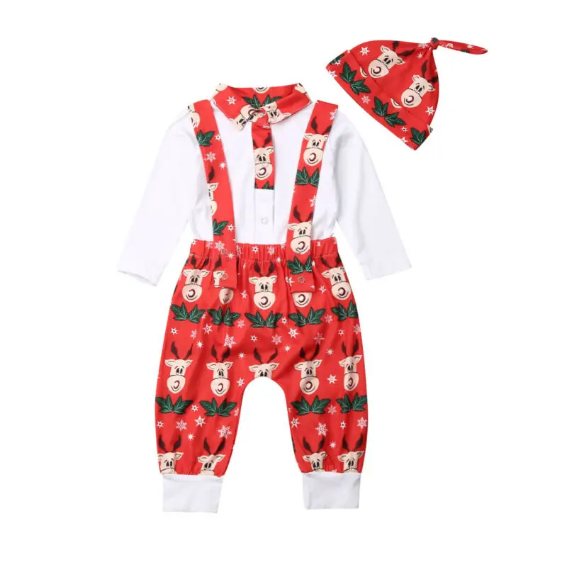 Одежда для новорожденных мальчиков и девочек, комбинезон с длинными рукавами, топы, штаны, Рождественский комплект из 3 предметов