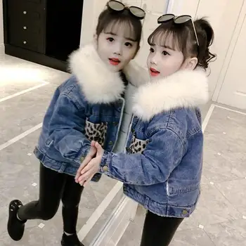 

New Patchwork Pockets Velvet Thick Denim Jacket for Teenage Girls Winter Warm Big Fur Hooded Jeans Coat Children Bomber Jackets