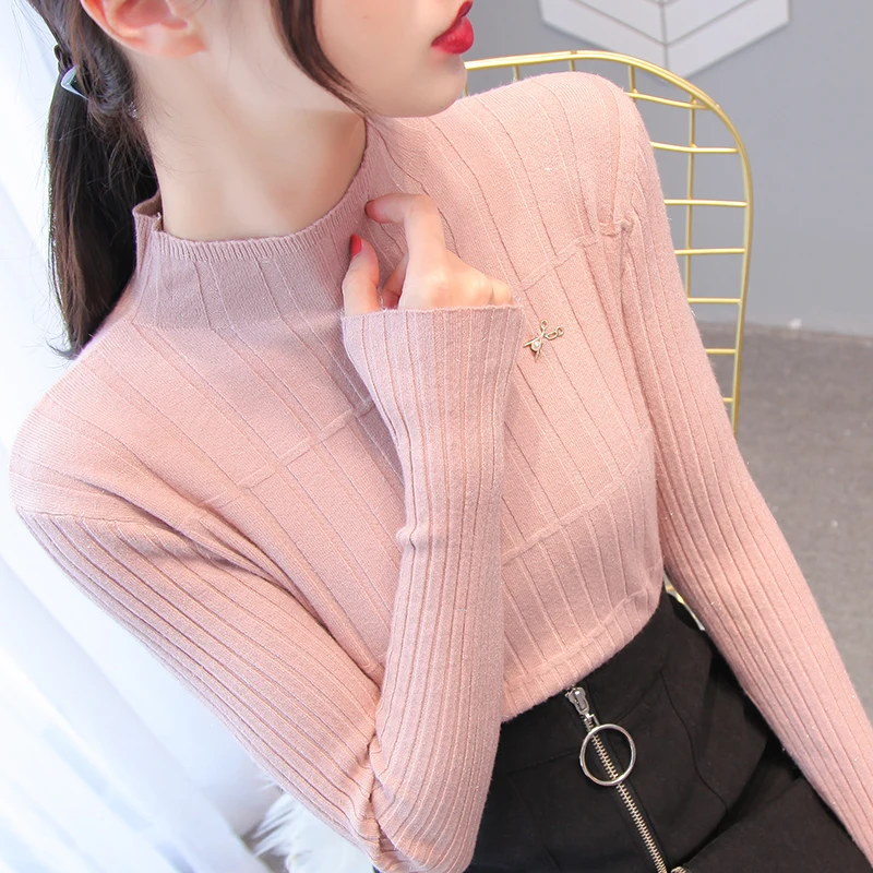 Half-high collar bright silk long-sleeved sweater