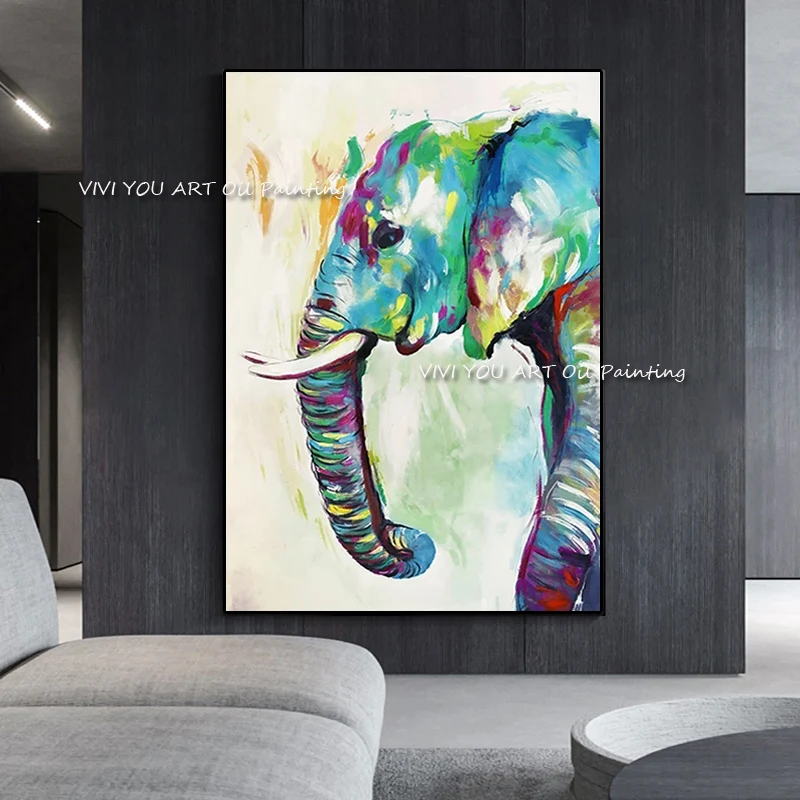 

High Quality Colorful African Elephant Animal Handmade Oil Painting Canvas Wall Art Pictures For Living Bedroom Home Decoration
