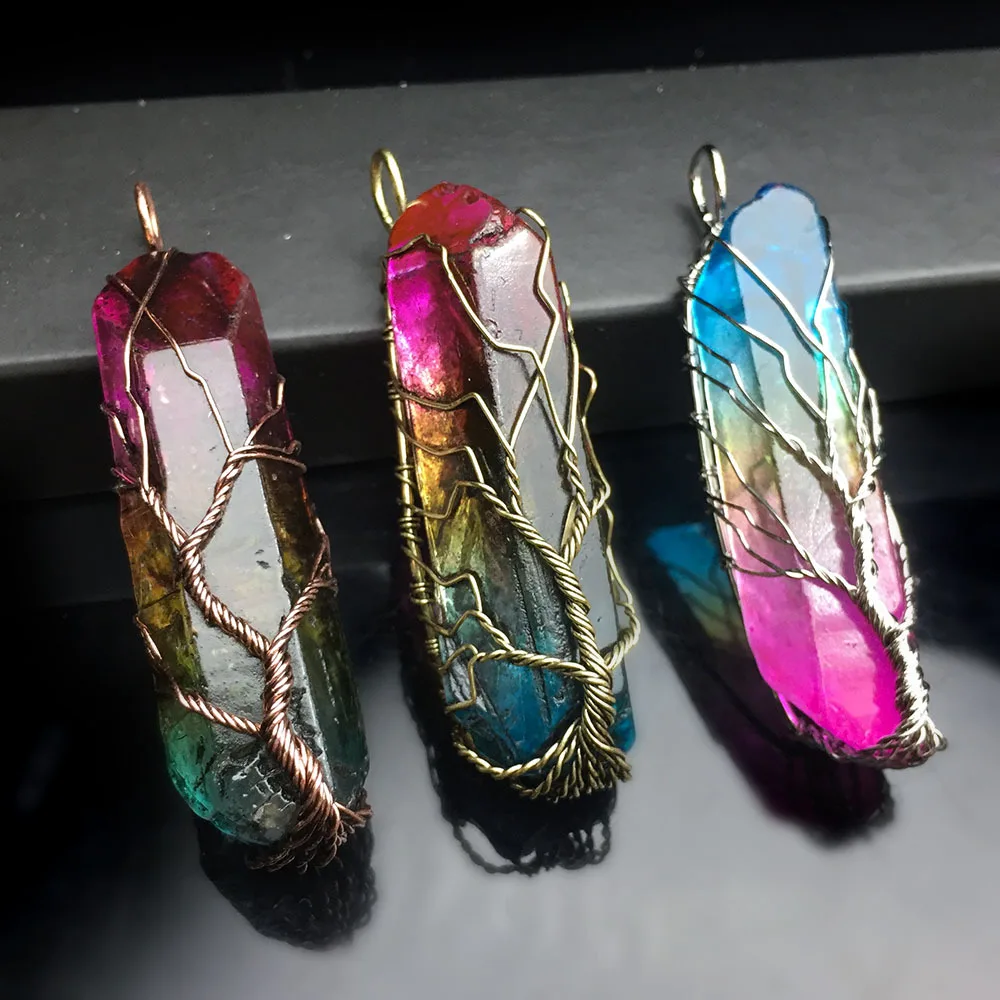 

Colorful Nugget Rainbow Crystal Quartz Stone Pendant Necklace Wire Wrap Tree Chakra Healing Banlance Real Quartz Pendants Women