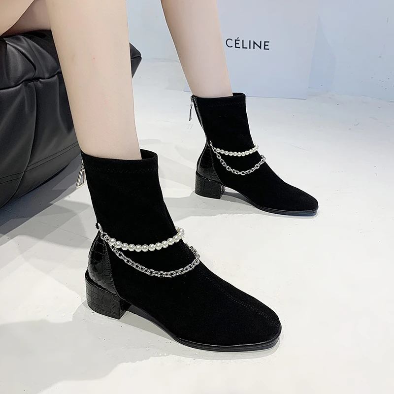 

Женские ботинки на цепочке с бусинами, роскошные украшения для осени, 2021, однотонные ботильоны на среднем квадратном каблуке, с квадратным носком и молнией сзади