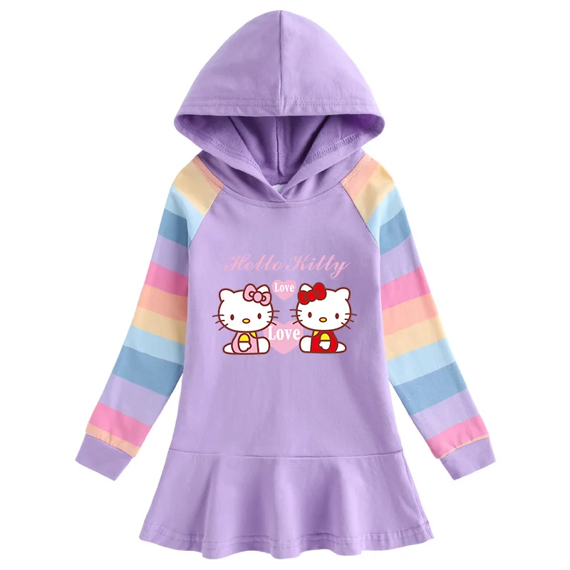 thumbnail image 1 of Hello Kitty primavera y otoño nuevo algodón dibujos animados Arco Iris niñas vestido de manga larga con capucha suéter vestido de princesa, 1 of 5