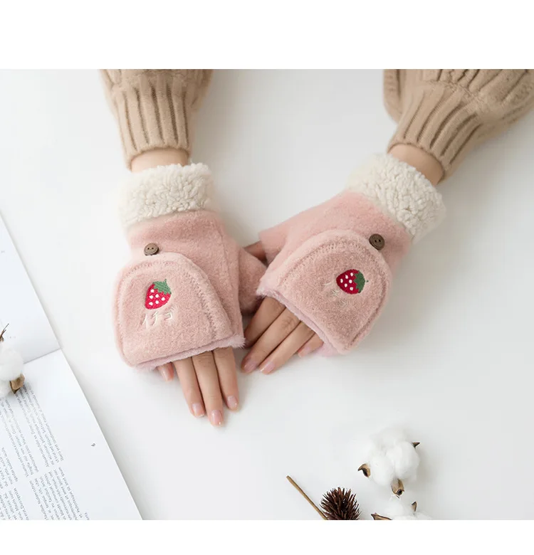 Sheng qi Half-finger Gloves Female Winter Cute Cartoon Students plus Velvet Sweet Japanese-style GIRL'S Touch Screen Warm Gloves