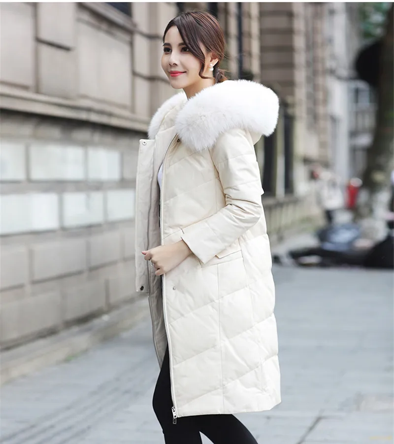 

Пуховая женская кожаная куртка 2023, теплое зимнее пальто, женская куртка с воротником из искусственного лисьего меха и капюшоном, куртка для женщин WXF204