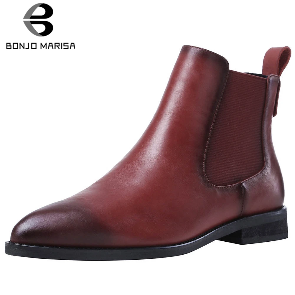

BONJOMARISA 33-44 Fashion mixed-color Booties Ladies Genuine Leather Ankle Chelsea Boots Women 2020 Elegant Low Heel Shoes Woman