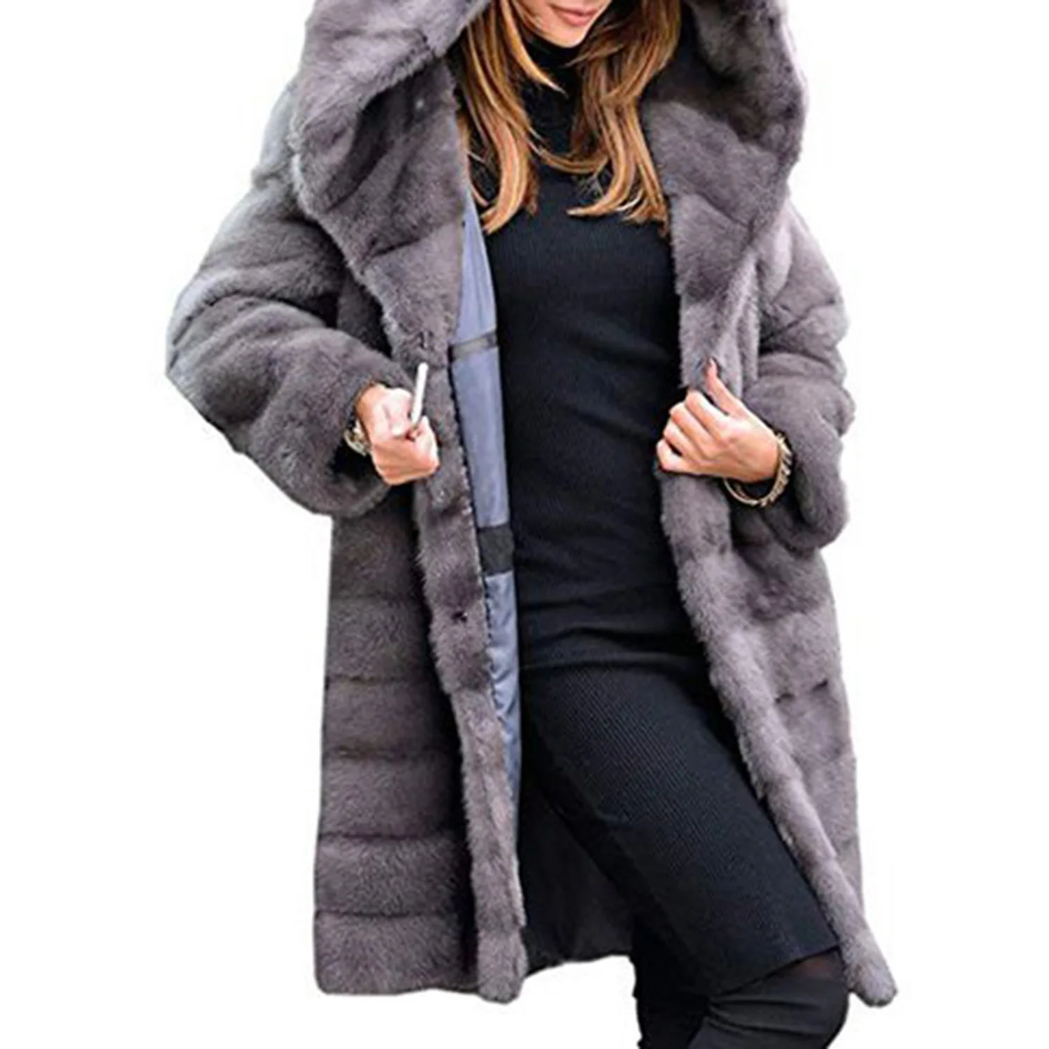 Европейский и американский, однотонное свободное плюшевое пальто средней длины с капюшоном, имитация меха, осенне-зимнее теплое пальто