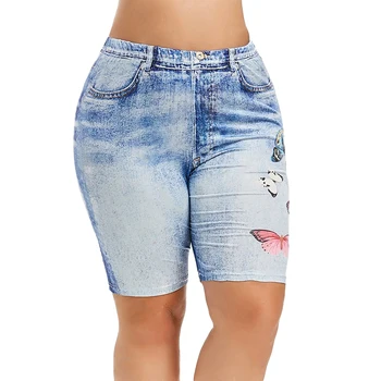 

Plus Size Skinny Imitation Jeans Woman Female Stretch Imitation Denim Pants Women Mid Waist Summer Knee Length Pants Femme D30