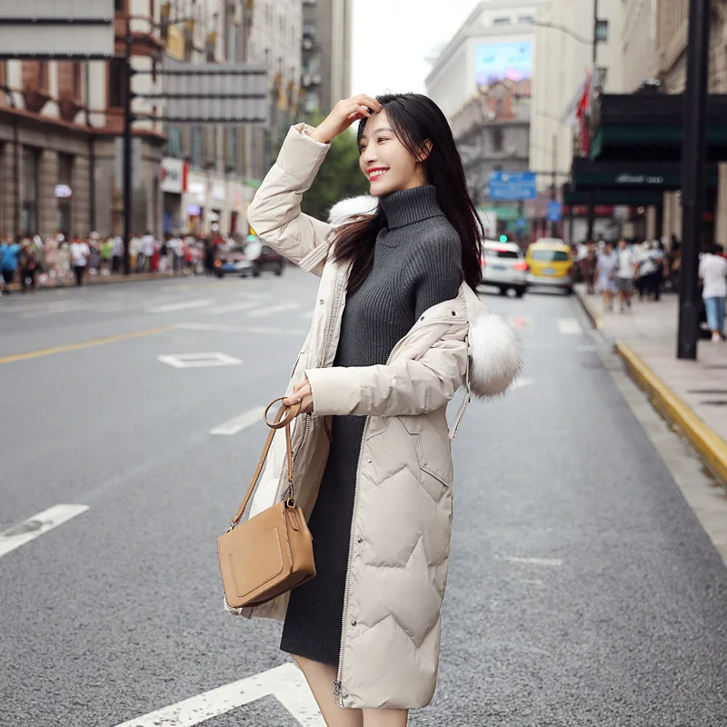 Dongdaemun, большой меховой воротник, пуховик, женский, средней длины,, стиль,, корейский стиль, модный, приталенный, для похудения, Coa