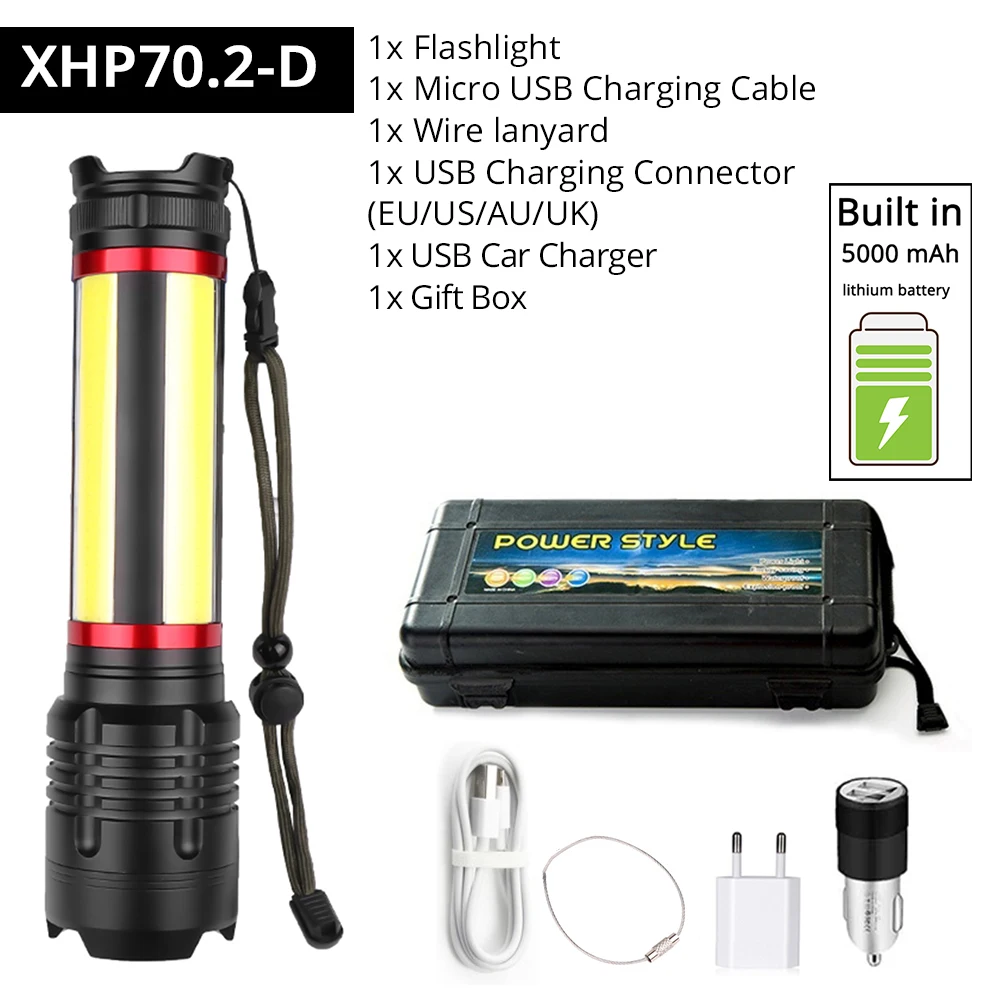 Многофункциональный XHP70.2 светодиодный фонарик с 4 COB боковым светом встроенный аккумулятор 5000 мАч 5 режимов освещения Водонепроницаемый зум лампа для кемпинга - Испускаемый цвет: Package D