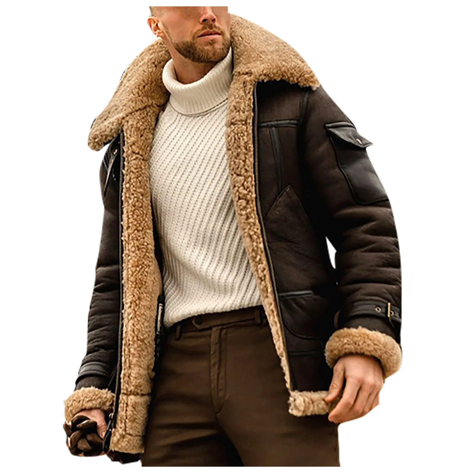 Gran venta Chaqueta de cuero grueso para hombre, cortavientos de invierno, a la moda, con cuello de piel sintética, abrigo cálido a prueba de viento, # g30 mmQKMg73EN7