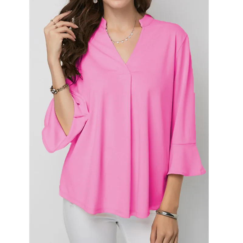 Pink shirt Модная женская блузка, большие размеры, шифоновая блуза с рукавами-клеш, шикарная Элегантная Леди с высокой талией, свободная белая рубашка - Цвет: Pink shirt