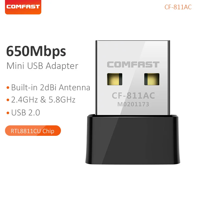 

Двухдиапазонный беспроводной адаптер Comfast 650 Мбит/с 2,4 и 5,8 ГГц, USB, антенна 802.11AC для ноутбука, настольного компьютера, приемника переменного тока CF-811AC