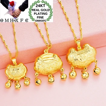

OMHXFC Wholesale European Fashion Baby Kids Birthday Gift Clever Fortune Peace Lock Bell 24KT Gold Necklace Pendant Charm PN328