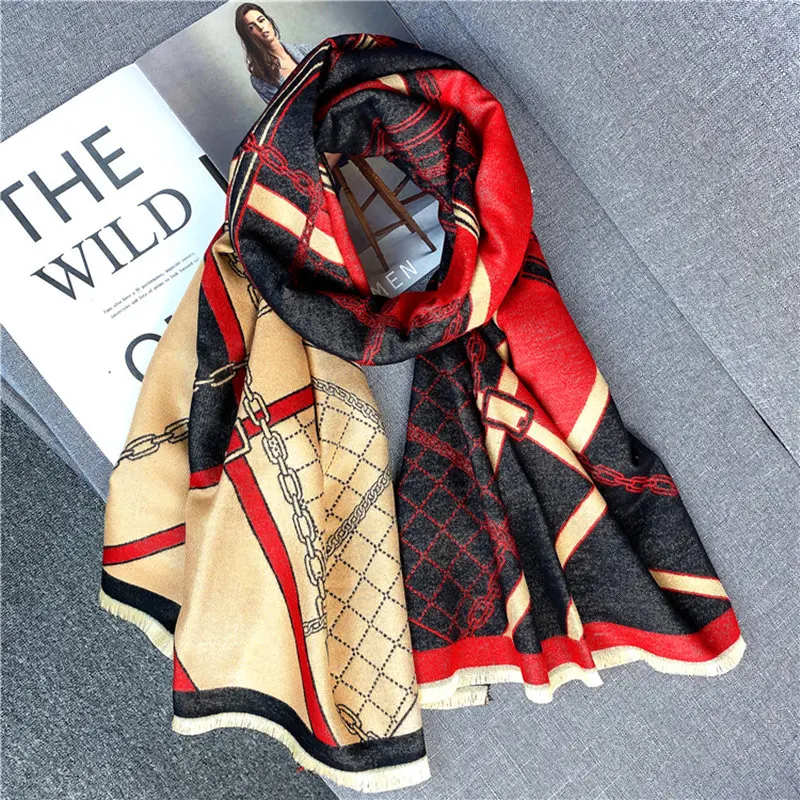 

KOI LEAPING European and American style Winter new wild scarf female chain cashmere double-sided warm shawl scarf