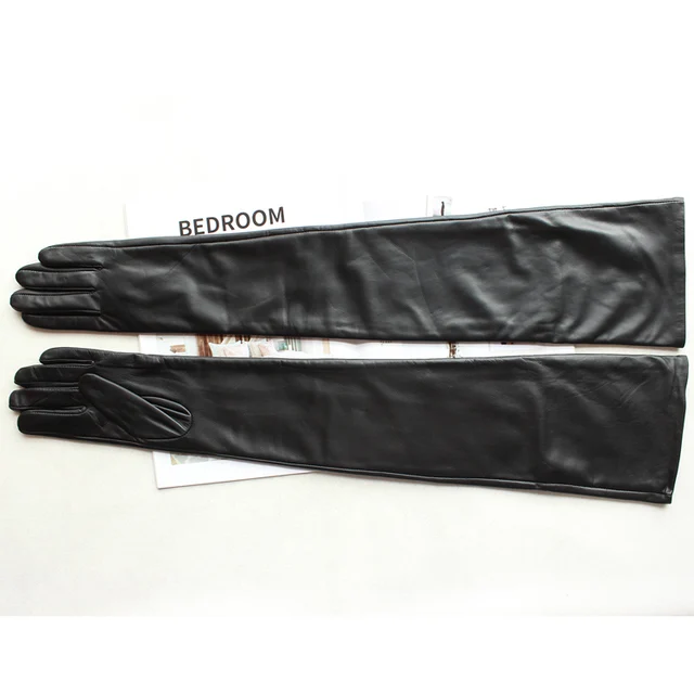New Women's Super Long Leather Gloves Over Elbow Fashion Black Imported Sheepskin High Quality Mink Leather Touch Screen Gloves 70cm  Straight
