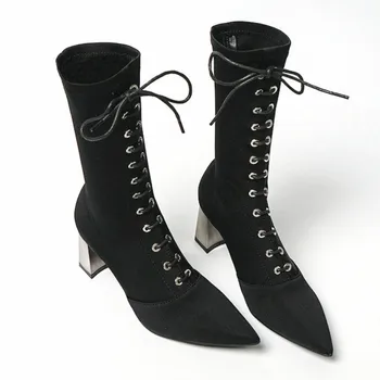 

2019 Luxury Autumn Stretch Fabric Boots High-heeled Tube Mid-calf Boots Women Pointed Fashion Socks Boots