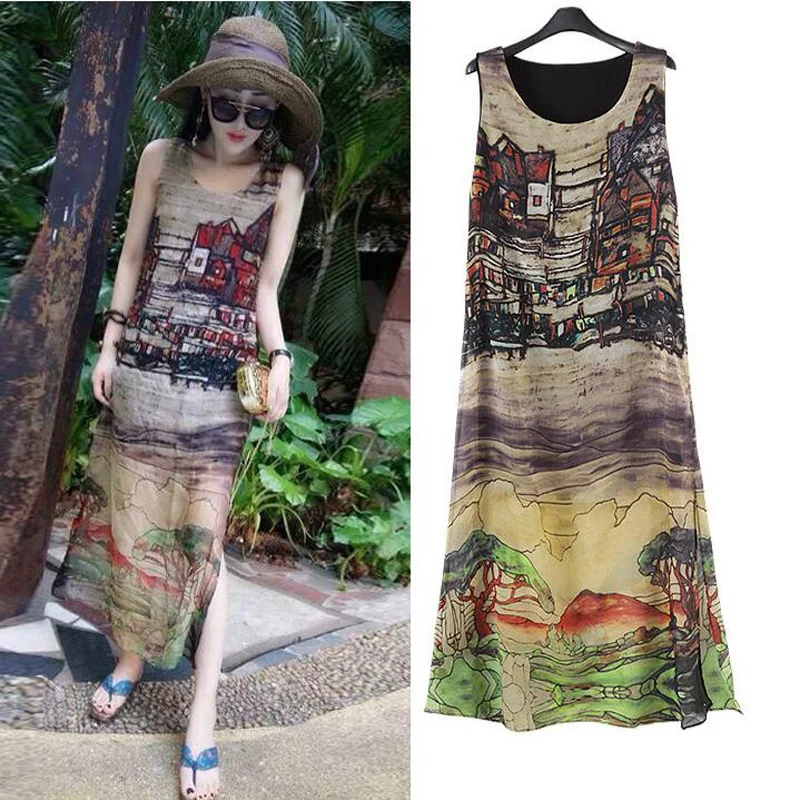 2019 Zomer Nieuwe Stijl Echte Zijde Chiffon Jurk Retro Huis Patroon Mouwloze Slit Strand Lange Rokken Vrouwen 2019 Zomer Nieuwe Stijl Echte Zijde Chiffon Jurk Retro Huis Patroon Mouwloze Slit Strand Lange Rokken Vrouwen