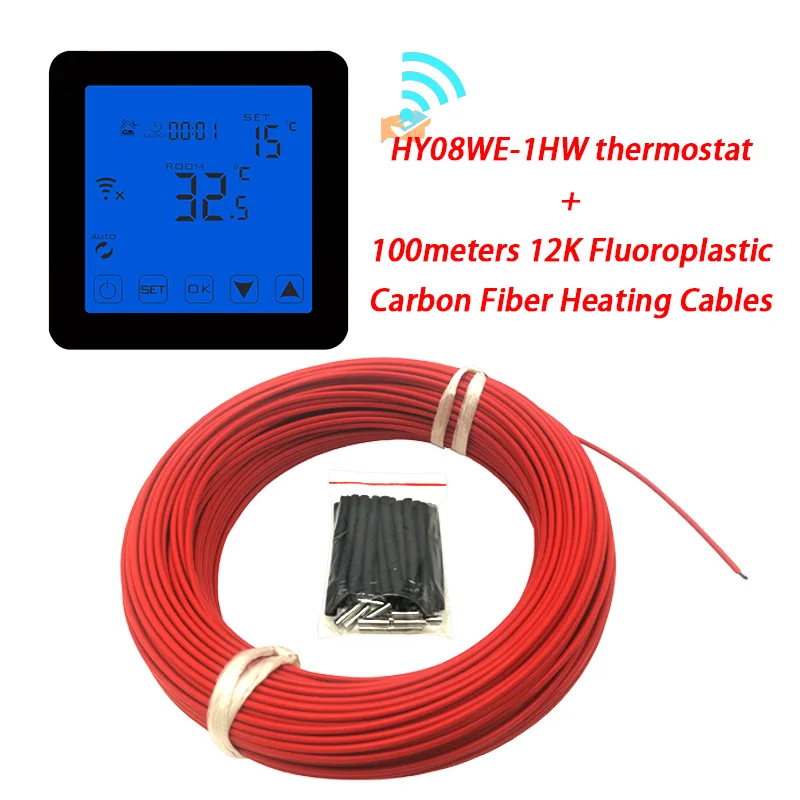 100m and HY08WE-1HW 100 м 12 к фторопласт с термостатом может быть отправлен из России Красный Инфракрасный углеродный волоконный теплый пол нагревательный кабель Minco Heat - Цвет: 100m and HY08WE-1HW