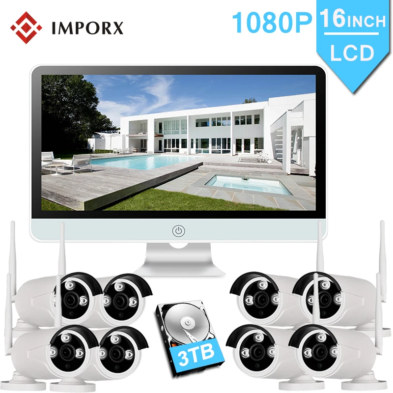 1080P 8CH Беспроводной NVR комплект IP66 водонепроницаемый 16 &quotЖК монитор 2MP Домашняя