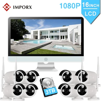 

1080P 8CH Wireless NVR Kit IP66 Waterproof 16"LCD Monitor 2MP Home Security CCTV IP Camera Outdoor Wifi Surveillance System Kits