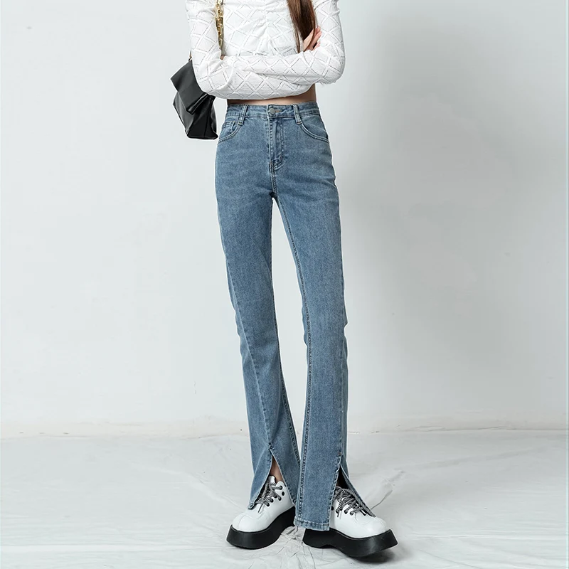 

Vintage Straight Jeans 2022 Spring Split Flare Denim Trousers Women's Floor Length Jean Y2K Korean Fashion Pants Ladies 709