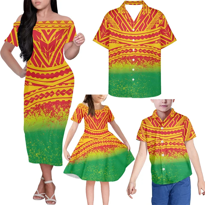 

HYCOOL Polynesian Tribal Print Gradient 4pcs Family Clothing Off Shoulder Party Dresses Mom And Daughter Custom Couples Matching