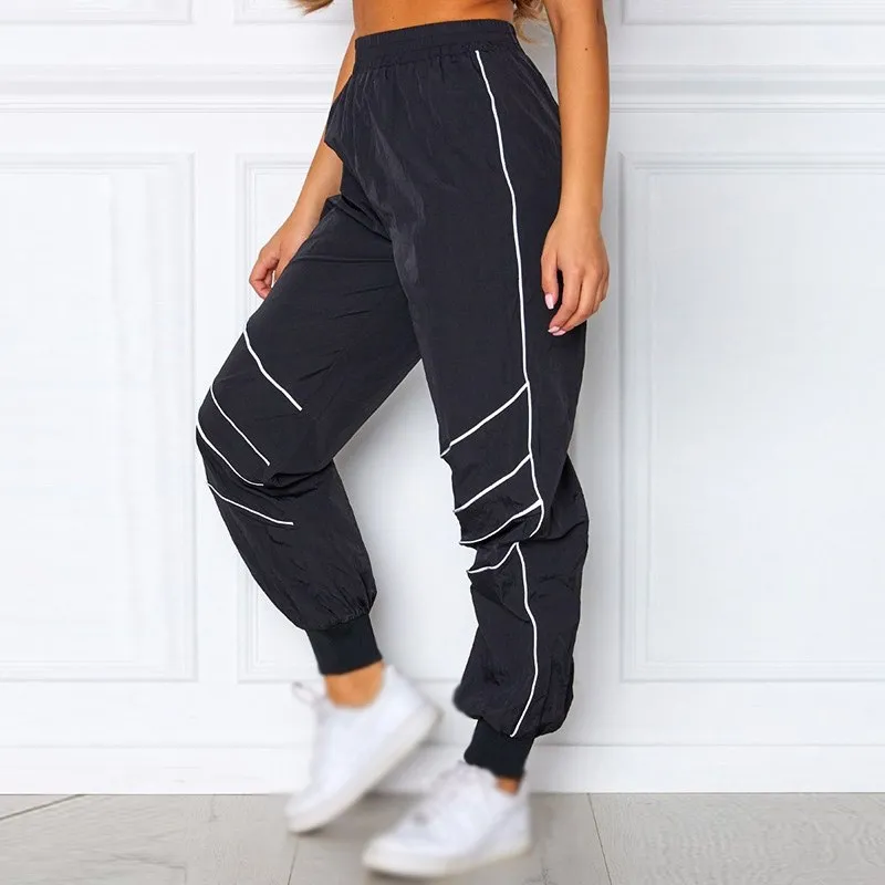 

New Women's Reflective Striped Beam Pants Streetwear High Waist Trousers Solid Reflective Patchwork Gothic Cargo Pants
