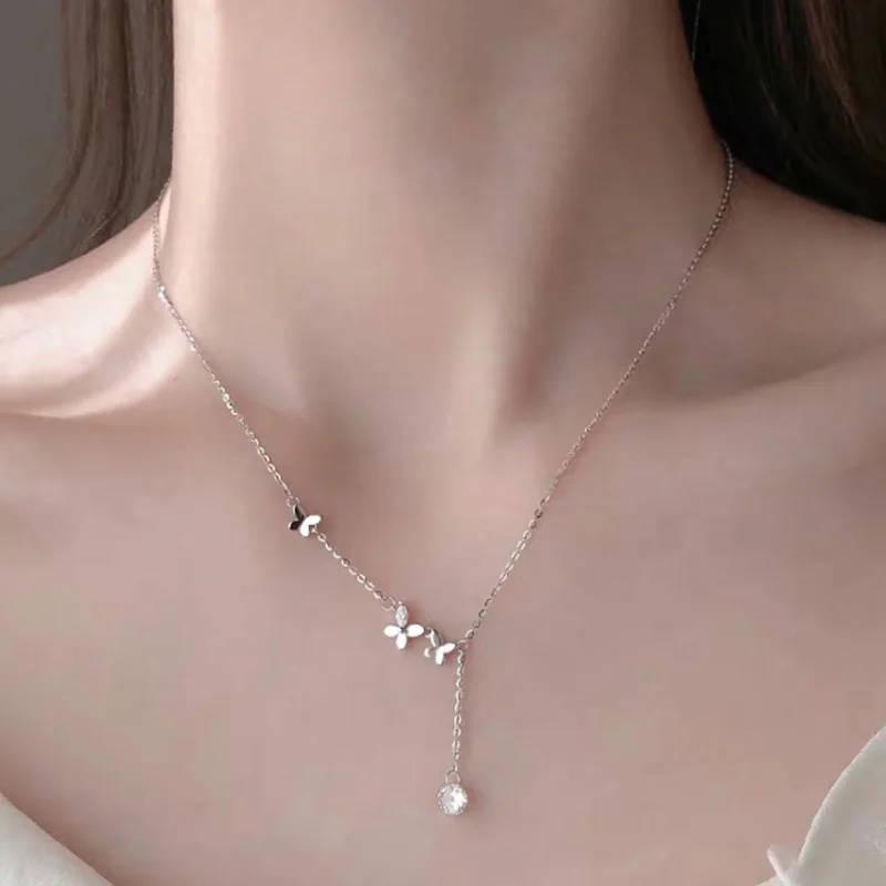 Shiny Zircon 925 Sterling Silver Necklace With Long Tassel Butterfly Choker Girl’s Birthday Party Personality Simple Gift NK031