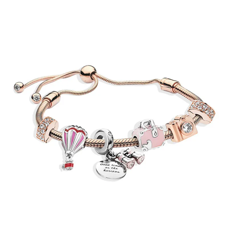 

925 Sterling Silver Original Rose Pans Romantic Journey Sliding Bracelet Set For Women Suitcase Telescope Charm Jewelry Gift