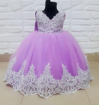 

Little Girls Birthday Party Gowns with Lace Appliques Bow Back V-Neck Puffy Tulle Flower Girl Dress For Special Occasion Ankle Length Custom Made、