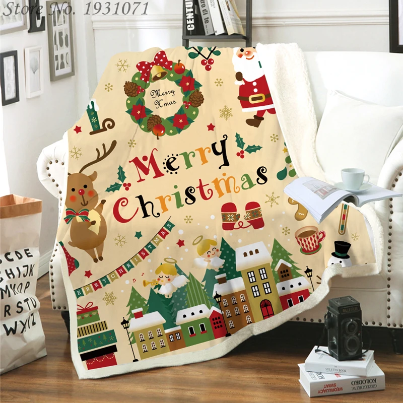 Merry Christmas 3D Printed Fleece Blanket for Beds Thick Quilt Fashion Bedspread Sherpa Throw Adults Kids 03 | Дом и сад