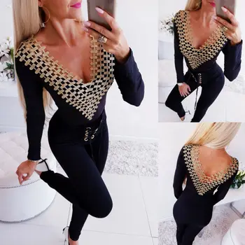 

Women Clubwear V-Neck Playsuit Bodycon Party Jumpsuit Romper Hollow Tops Shorts