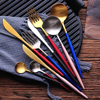 

4pcs Blue Gold Cutlery Set Reusable Stainless Steel Western Knife Fork Spoon Silverware Tableware Set Dinner Flatware Set KK60CJ