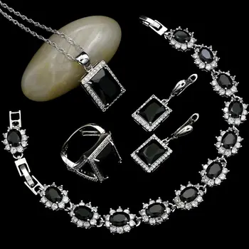 

925 Silver Jewelry Sets For Women Party Accessories Black Stone White Crystal Fashion Earrings/Pendant/Necklace/Ring/Bracelet