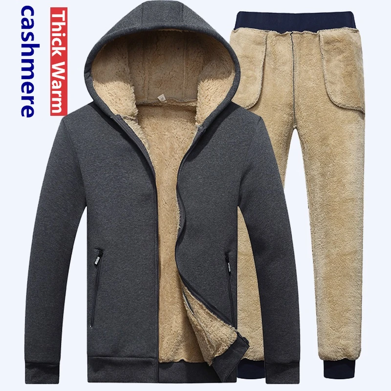 Hoodies Pants Tracksuit Thicken Winter Sports-Suits Zipper Men Warm 2PCS Cashmere Lamb