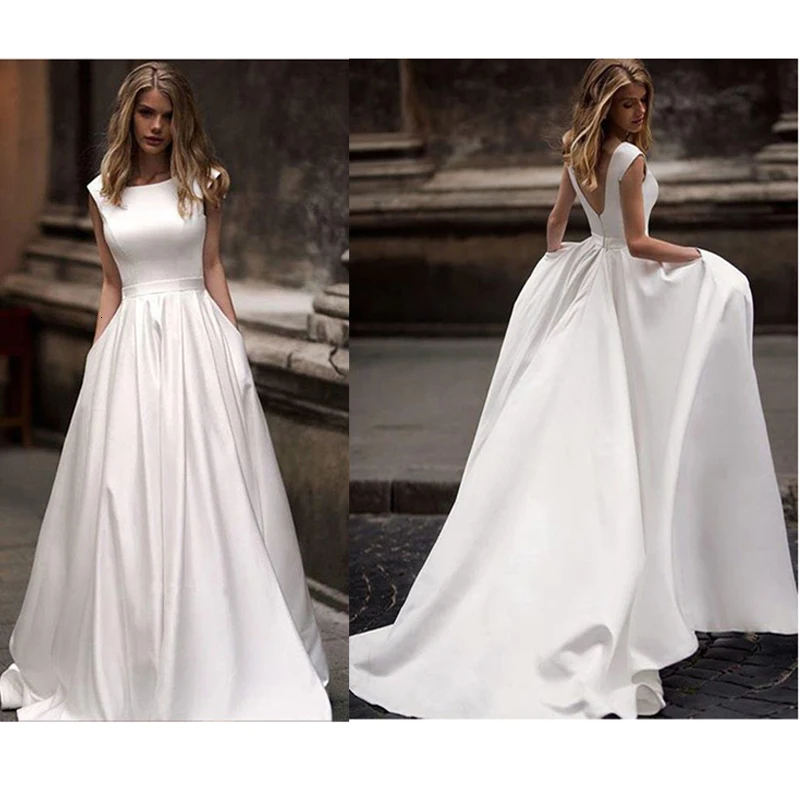 Trouwjurken Met Pocket 2019 Vestido de novia Satijn Witte Mouwloze Bruidsjurken Vloer Lengte Bruidsjurk Trouwjurken Met Pocket 2019 Vestido de novia Satijn Witte Mouwloze Bruidsjurken Vloer Lengte Bruidsjurk