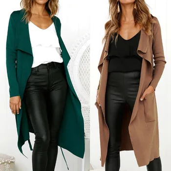 

Women's Trench Coat leather Classical Lapel Collar Loose Long Windbreaker Russia style Chic Outwear @9