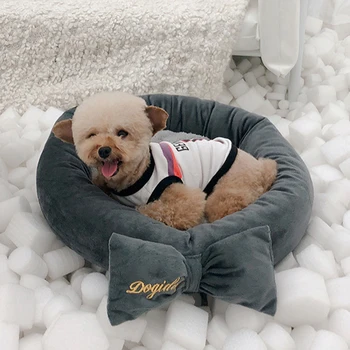 

Round Dog Beds for Medium Small Dogs Cat House Bed Donut Fluffy Calming Bed for Dog Detachable Pet Bed with Bow-knot for Dog Cat