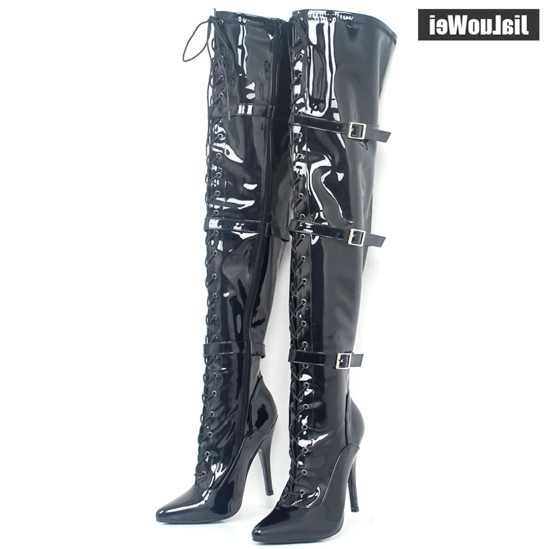 

Over-the-Knee Pointed Toe Patent Thigh Long Boots 12CM Thin Heel Lace-Up Boots- Exotic,Fetish,Sexy,Shoes Plus size