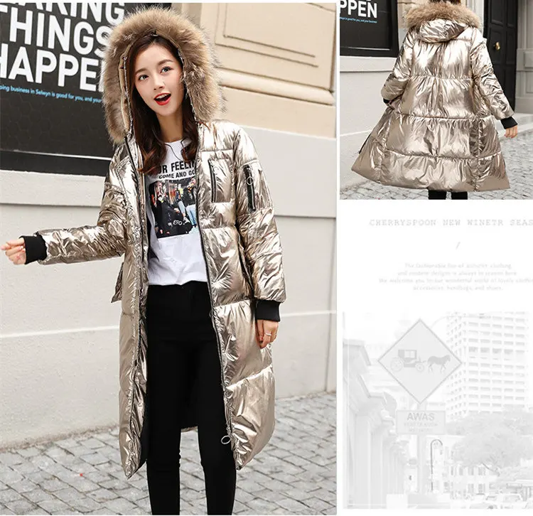 Shining Winter Jacket Women Long Parka Real Raccoon Fur Collar Coat Female Hooded Parka Warm Long Jackets Plus Size