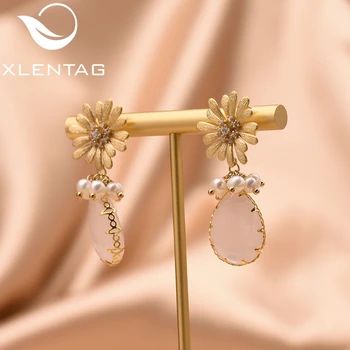 

XlentAg Natural Pink Crystal Pearl Flower Drop Earrings For Women Wedding Dangle Earrings Handmade Fine Jewellery Brincos GE0307