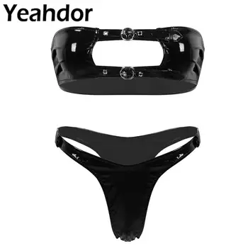 

2Pcs Womens Sexy Lingerie Set Strapless Bandeau Wet Look Patent Leather Tube Bra Top with High Cut Thong Briefs Underwear Sets