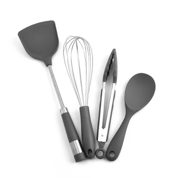 

4 Pcs Set Silicone Cooking Kitchen Utensil Set Tools with Stainless Steel Handles Eggbeater Tongs Spatula Spoon BPA Free